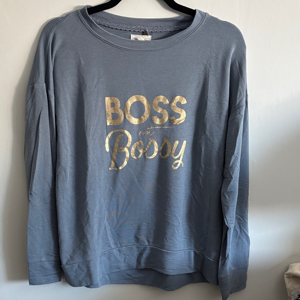 Cupio Slate Blue Long Sleeve Top with Gold Accents